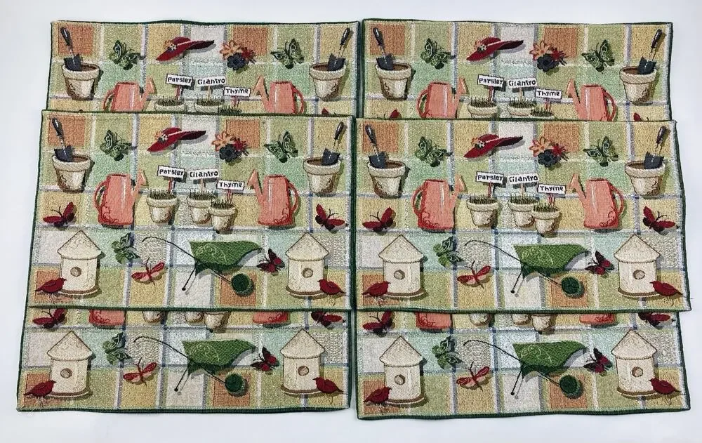 Placemats Set 6 Herb Garden Theme Bird Butterflies Red Hat Park B Smith Tapestry